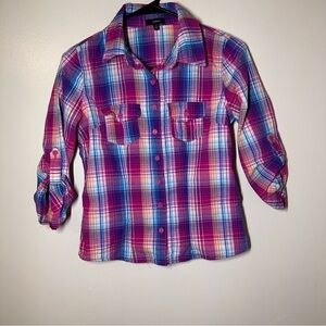 Women's Plaid Button-Down Shirt in Pink and Blue